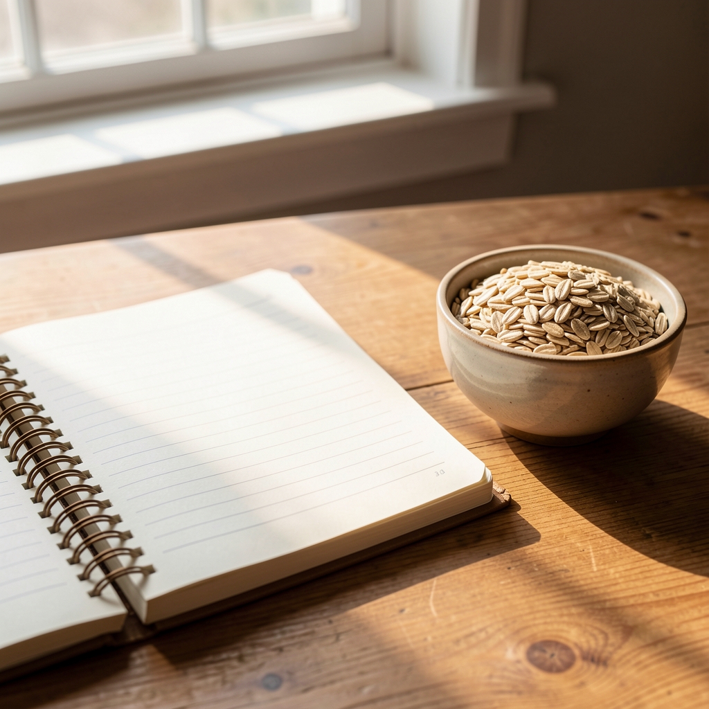 Notebook open on a wooden desk beside a bowl of whole grains, morning daylight streaming across the surface