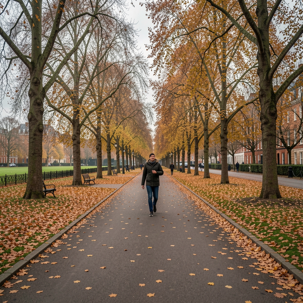 Active morning walk in a London park, overcast sky, tree-lined path with autumn leaves on the ground, figure walking in distance